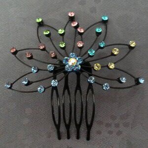 Floral Hair Side Comb, decorated with blue,  green, white and pink rhinestone,